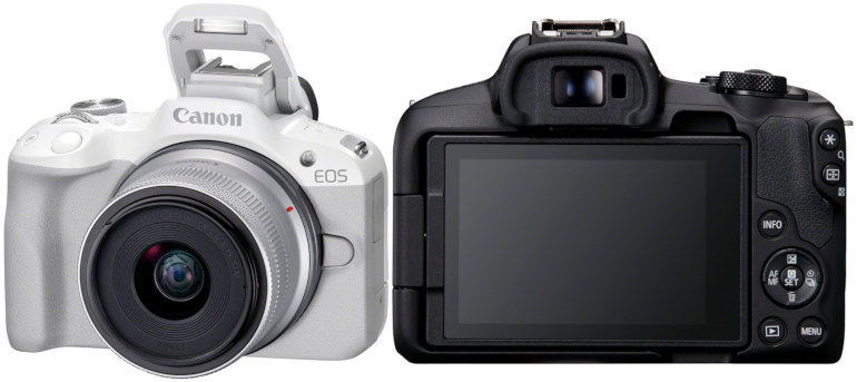 Canon EOS R50 blanc de face et noir de dos