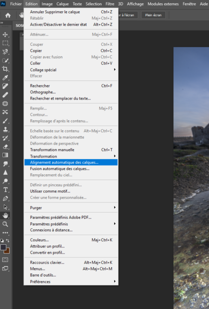 Menu alignement automatique des calques dans Adobe Photoshop