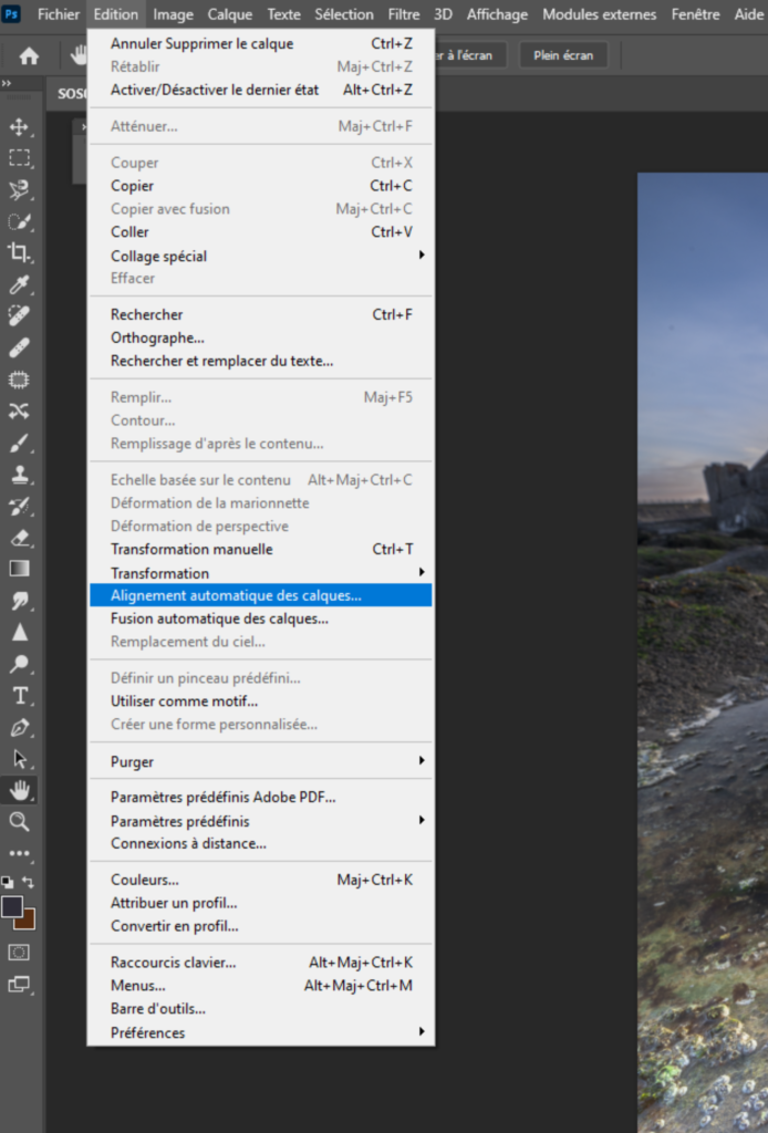 Menu alignement automatique des calques dans Adobe Photoshop 